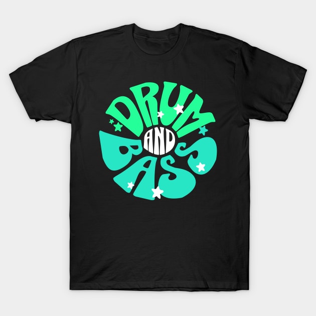 DRUM AND BASS  - Y2K Font Flower (white/green/teal) T-Shirt by DISCOTHREADZ 